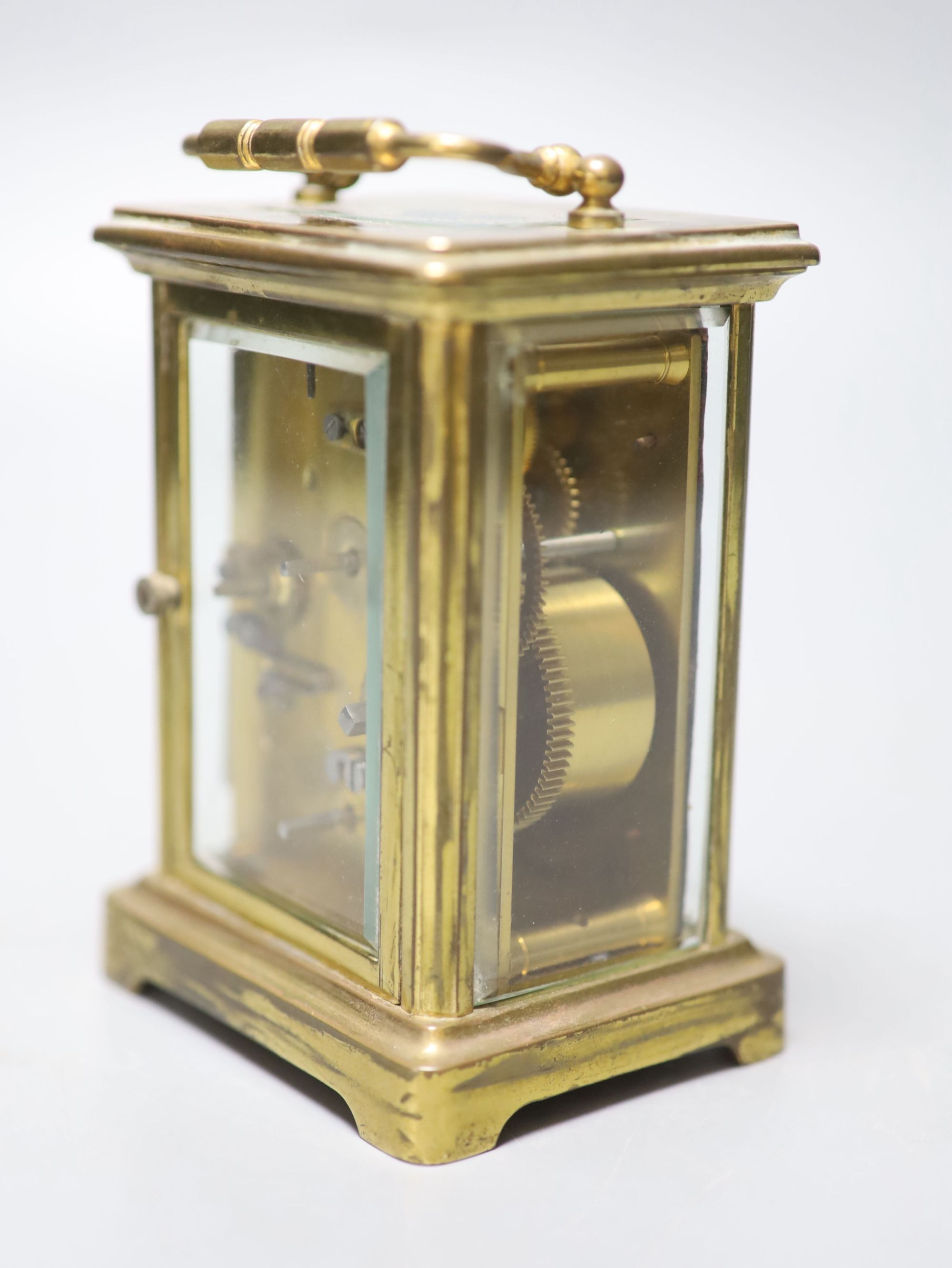 A late 19th century French brass cased eight day carriage timepiece with incorporated alarm, height 12cm